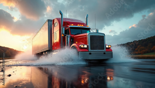Red semi truck drives through water splash on road. Heavy freight vehicle travels at sunset with dramatic sky. Trucking industry, cargo transport logistics.