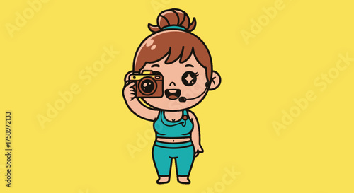 Cartoon woman with camera on yellow