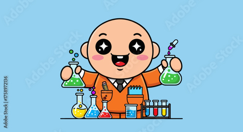 Cartoon scientist with lab equipment, sparkles in eyes