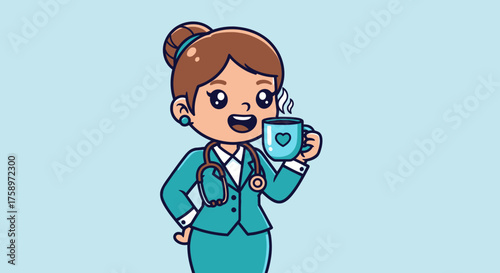 Animated doctor sipping from heart-adorned mug