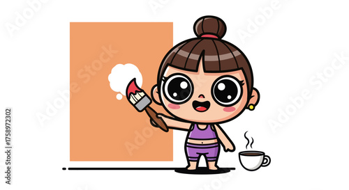 Cartoon girl painting, cup beside