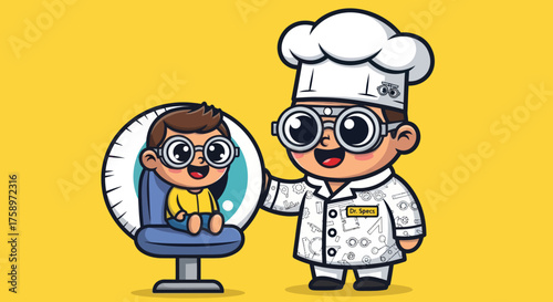 Cartoon ophthalmologist with patient in eye examination room on yellow