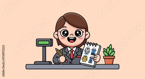Cartoon vendor presents clothing choices