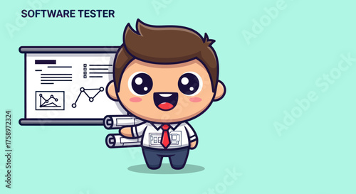 Cute cartoon software tester presenting graphs on a whiteboard