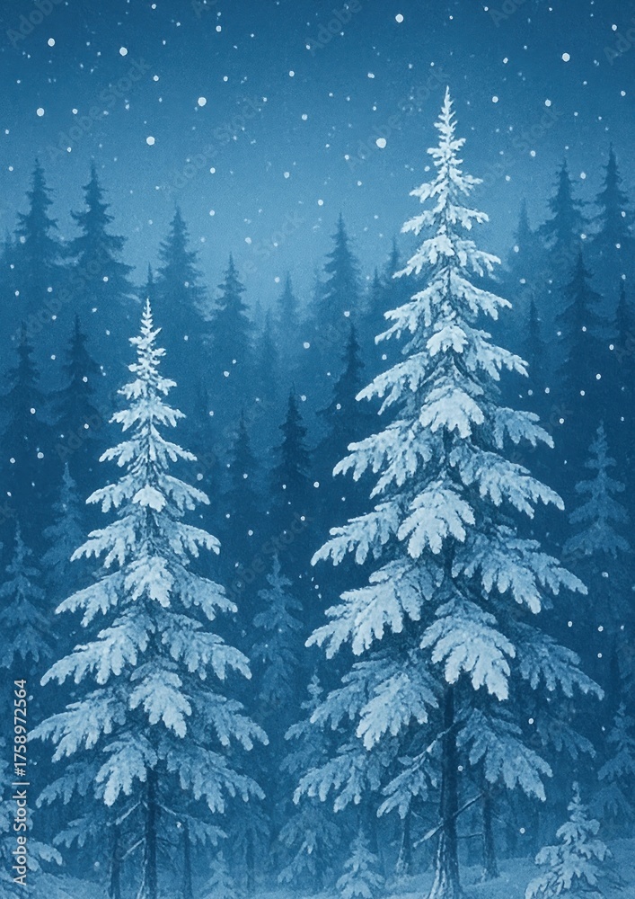 Obraz premium Serene snowy forest night scene.