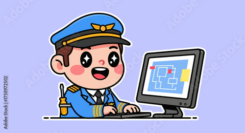 Cartoon pilot at computer with schematic, in blue uniform and cap
