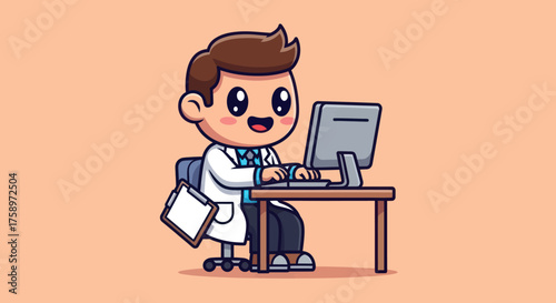 Cartoon doctor working at computer