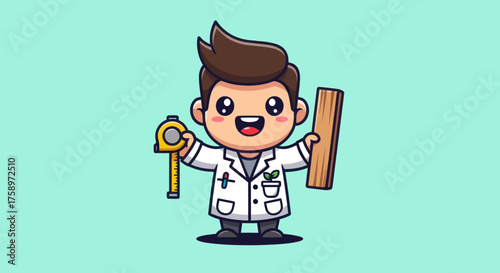 Cartoon person in lab coat with ruler and wood