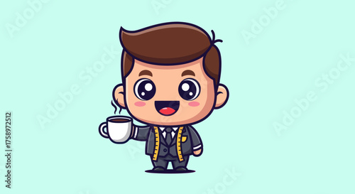 Cute cartoon tailor with coffee