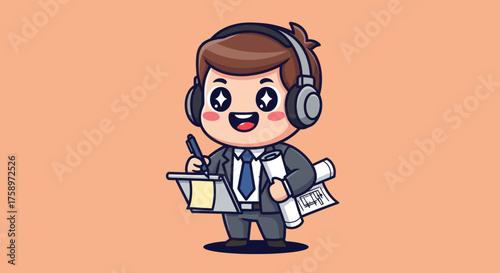 Cartoon architect with headphones, drawing plans, smiling widely