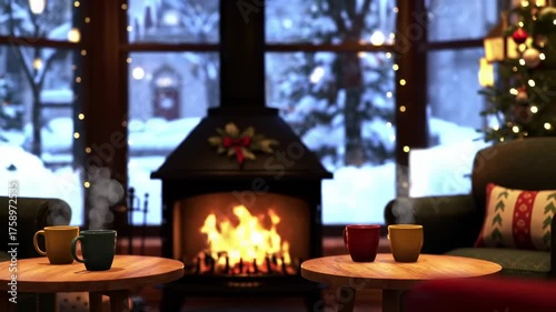 Cozy mugs by a warm fire on a snowy holiday, a festive home background scene