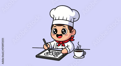 Cartoon chef drawing on tablet