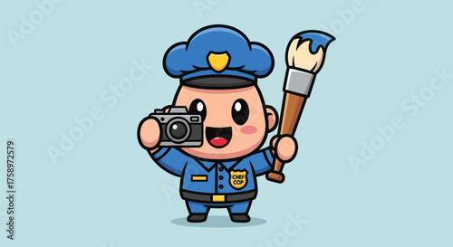 Cartoon cop character holding camera & paintbrush against light blue background