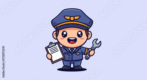 Cartoon pilot with wrench and clipboard