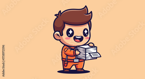 Cartoon man in orange jumpsuit holding a stack of papers, smiling