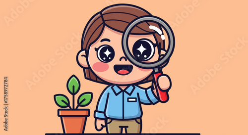 Cartoon girl examines plant