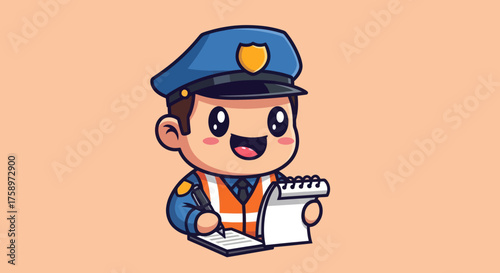 Cartoon cop smiling, taking notes