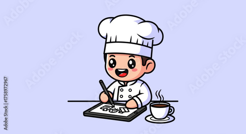 Cartoon chef designs on tablet, coffee steaming nearby