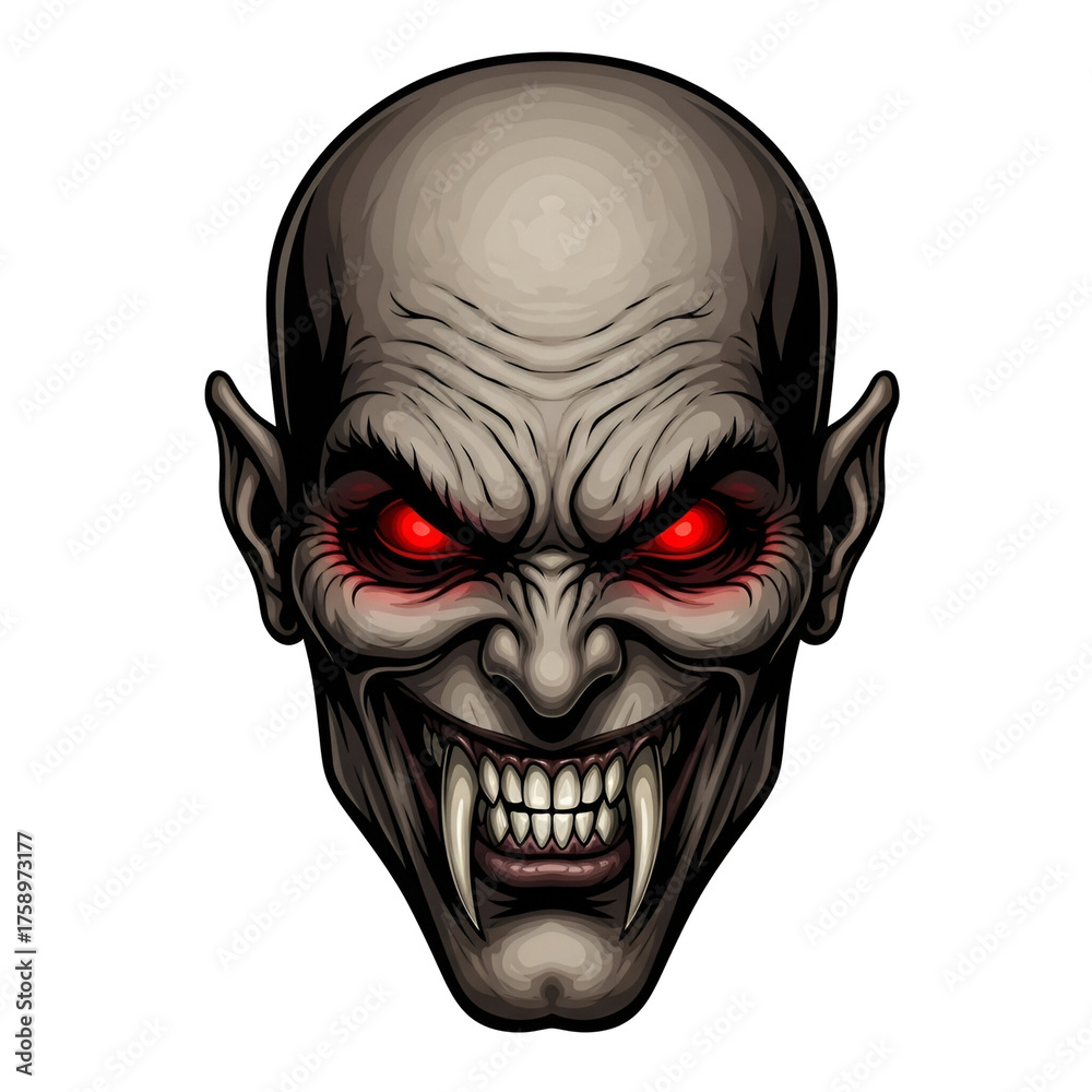 Fototapeta premium Menacing Vampire Head Illustration with Glowing Red Eyes and Fangs - Spooky Horror Monster for Halloween