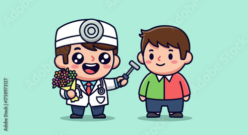 Cartoon doctor examining patient with mallet, holding flowers