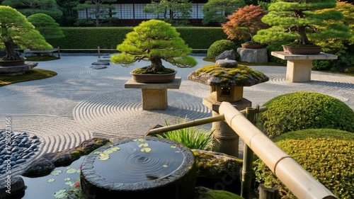 Zen garden with bonsai and water features