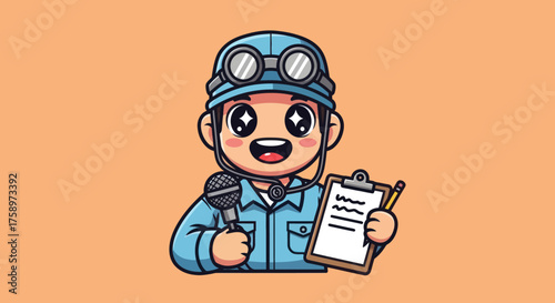 Cartoon builder with goggles, microphone, and clipboard on light orange background