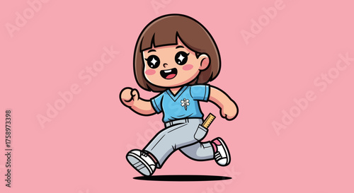 Cute cartoon girl with bob cut running on pink background