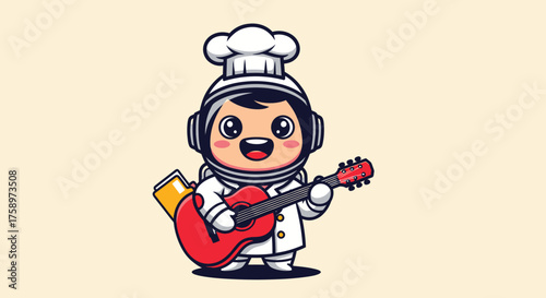 Cartoon astronaut chef playing a red guitar