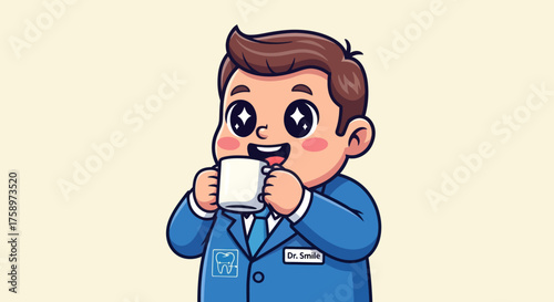 Cartoon dentist drinking coffee