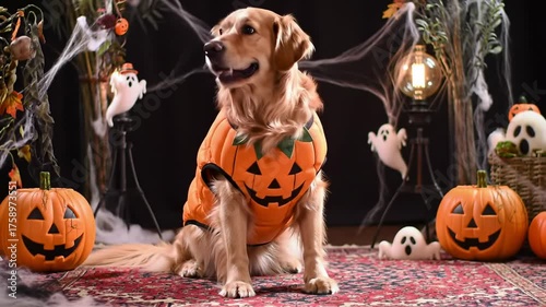 Dog in pumpkin costume sits in a spooky decorated room for a Halloween greeting