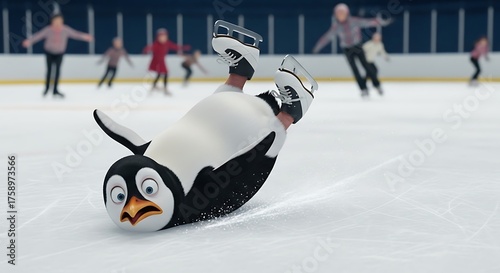 Cartoon penguin ice skating fail with other skaters in background.