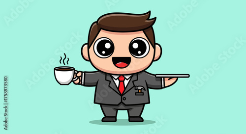 Cartoon man in suit with coffee and tray
