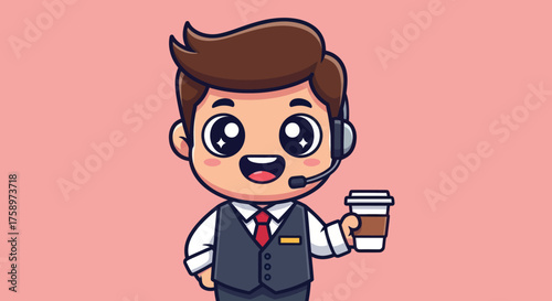 Cartoon character with headset & coffee