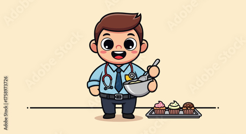 Cartoon doctor mixes bowl next to cupcakes
