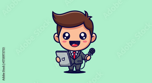 Animated reporter holding tablet and microphone