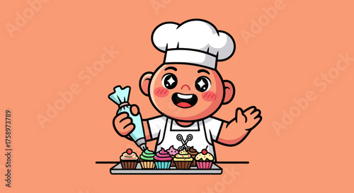 Cartoon chef decorates cupcakes