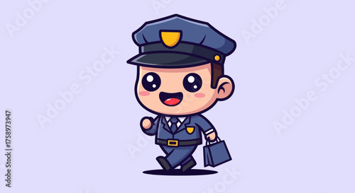 Cartoon cop in uniform walking with bag