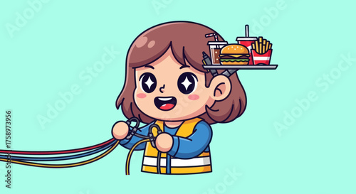 Cartoon worker with cables and food