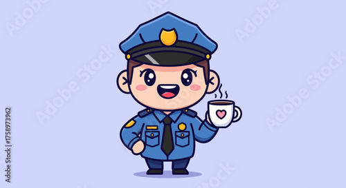 Animated police officer holding a steaming mug with a heart