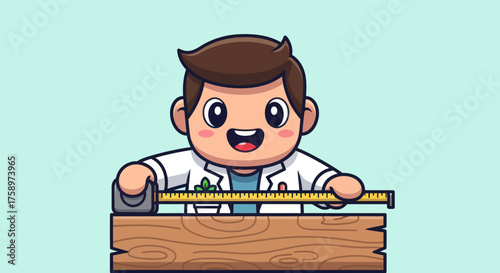 Cartoon doctor measures wood plank with tape measure on light teal background