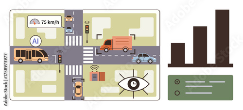 Urban intersection with AI managing vehicles, traffic signals, and pedestrian crossings. Ideal for transportation, smart cities, AI innovation, data analysis, automation, safety sustainable living