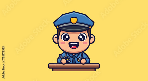 Cartoon of a smiling cop behind a desk