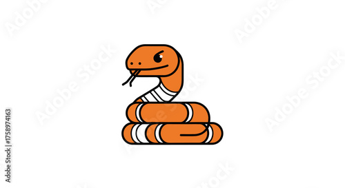 Cartoon orange snake coiled, with white stripes and a forked tongue