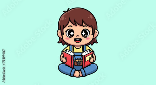 Cartoon girl in sailor uniform paints a tree on an easel