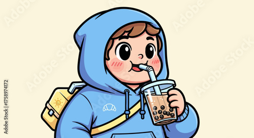 Cartoon woman holds camera, wearing a suit and sipping coffee on a blue background