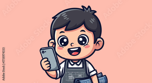 Cartoon chef holds coffee and camera