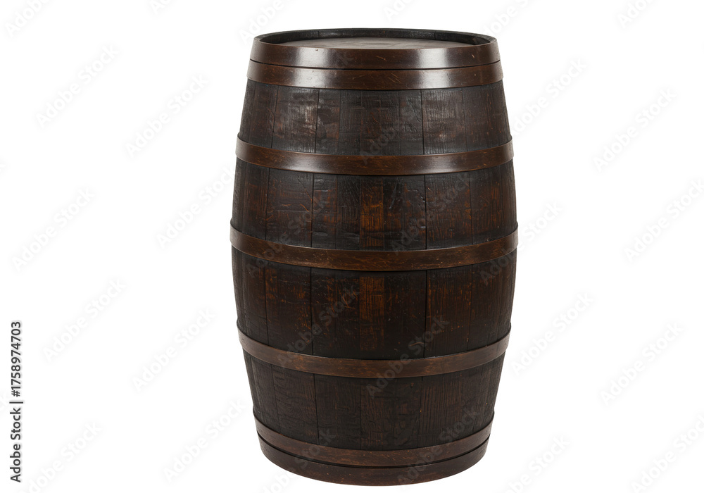 Obraz premium Dark brown wooden barrel isolated PNG on transparent background, rustic container for storage and aging beverages