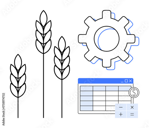 Wheat stalks, gear icon, spreadsheet with calculator visuals integrate farming, technology, and financial processes. Ideal for agriculture, sustainability, productivity, budgeting agritech economy
