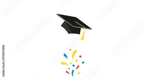 Black Graduation Cap with Tassel and Colorful Confetti.
