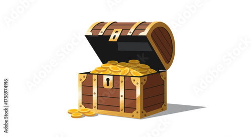 Open Treasure Chest Filled with Gold Coins Cartoon Style.